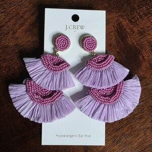 J Crew Purple Beaded Raffia Fan Earrings Lilac Fringe NWT